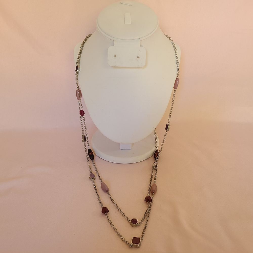 Silver Tone Station Pink Quartz Stone Wooden Enamel Bead Necklace Boho Layered